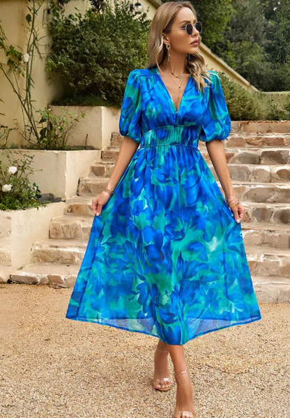 Elegant Floral Midi Dress for Women with V Neck Puff Sleeve Style