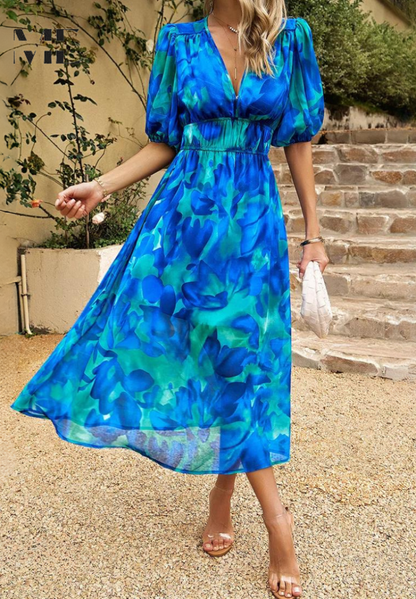 Elegant Floral Midi Dress for Women with V Neck Puff Sleeve Style