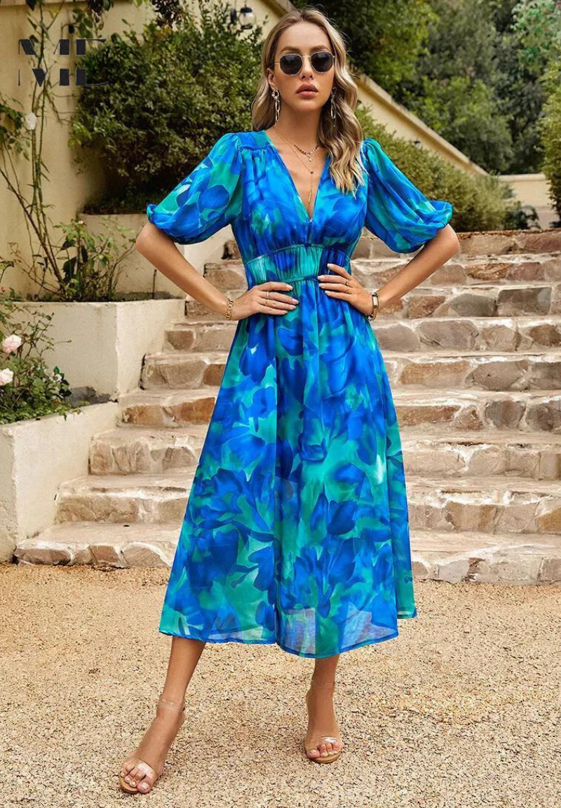 Elegant Floral Midi Dress for Women with V Neck Puff Sleeve Style