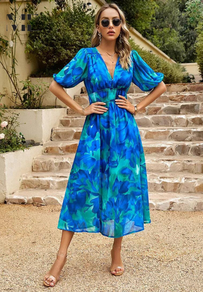 Elegant Floral Midi Dress for Women with V Neck Puff Sleeve Style