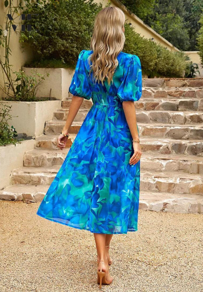 Elegant Floral Midi Dress for Women with V Neck Puff Sleeve Style