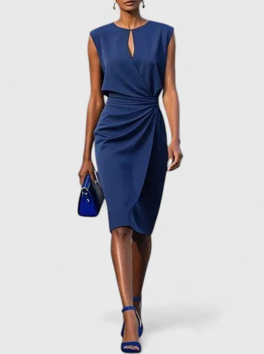 Elegant Midi Dress for Women with Keyhole Neckline Ruched Waist Cocktail Style
