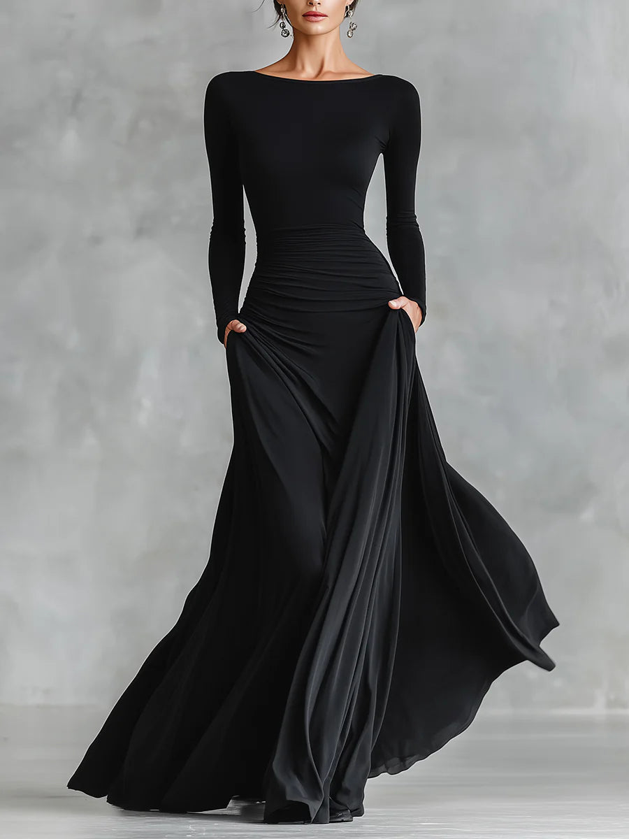 Elegant Black Maxi Dress for Women with Boat Neck Wedding Guest Dress Style