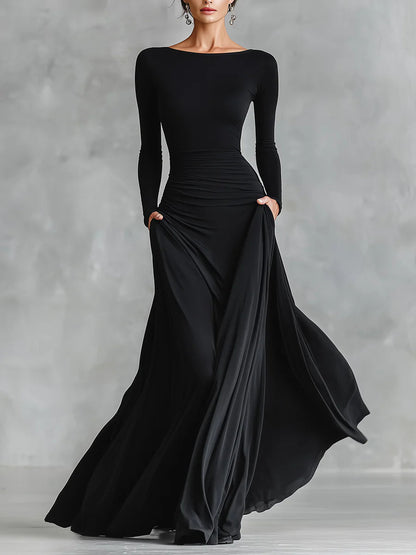 Elegant Black Maxi Dress for Women with Boat Neck Wedding Guest Dress Style