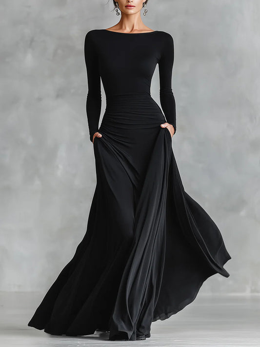 Elegant Black Maxi Dress for Women with Boat Neck Wedding Guest Dress Style