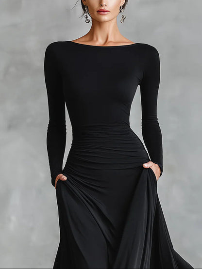 Elegant Black Maxi Dress for Women with Boat Neck Wedding Guest Dress Style
