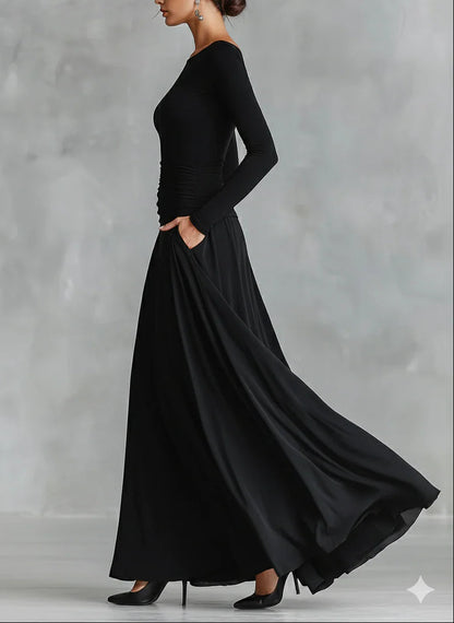 Elegant Black Maxi Dress for Women with Boat Neck Wedding Guest Dress Style