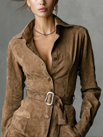 Effortless Suede Shirt Dress for Women with Belted Style