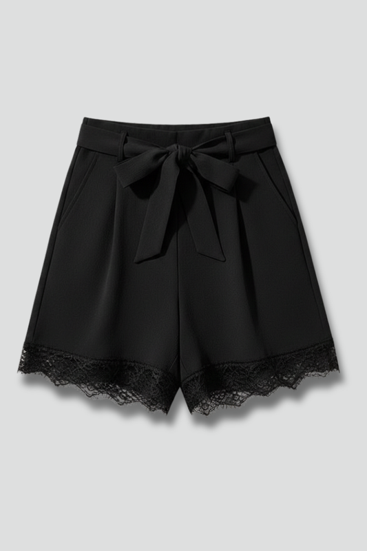 Stylish Black Shorts for Women with Tie Waist Bow Lace Hem High Waist Flowy Casual Style