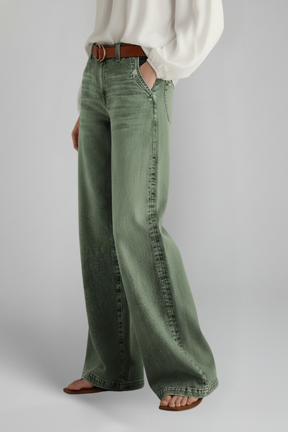 Stylish Relaxed Army Green Jeans for Women with High Rise Style