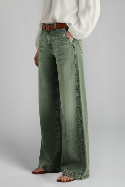 Stylish Relaxed Army Green Jeans for Women with High Rise Style