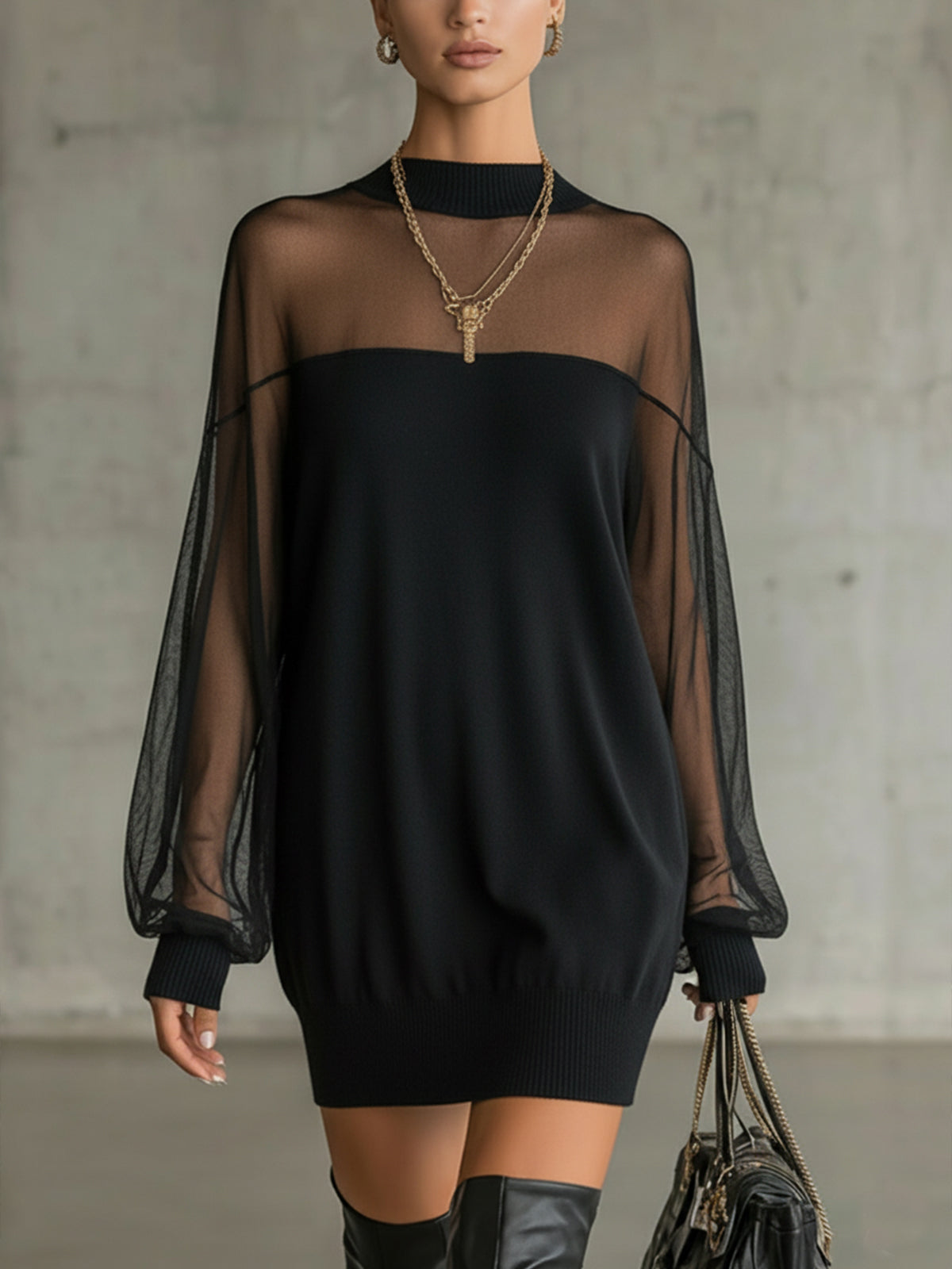Elegant Black Mini Dress for Women with Mock Neck Style