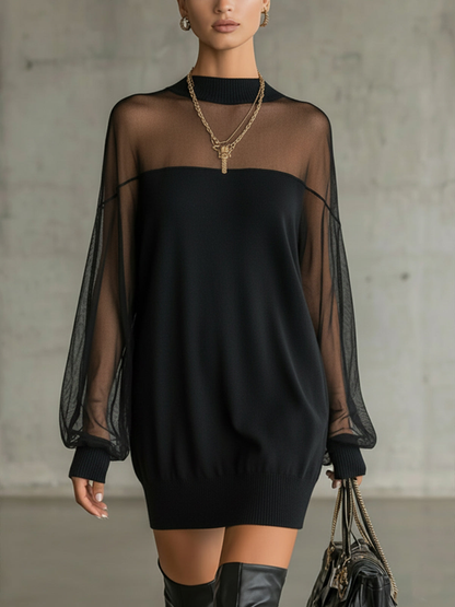 Elegant Black Mini Dress for Women with Mock Neck Style