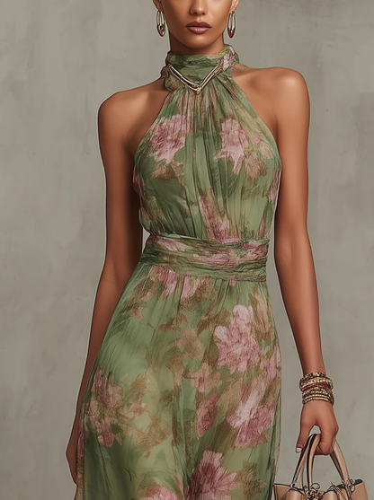 Green Floral Halter Wedding Guest Dress