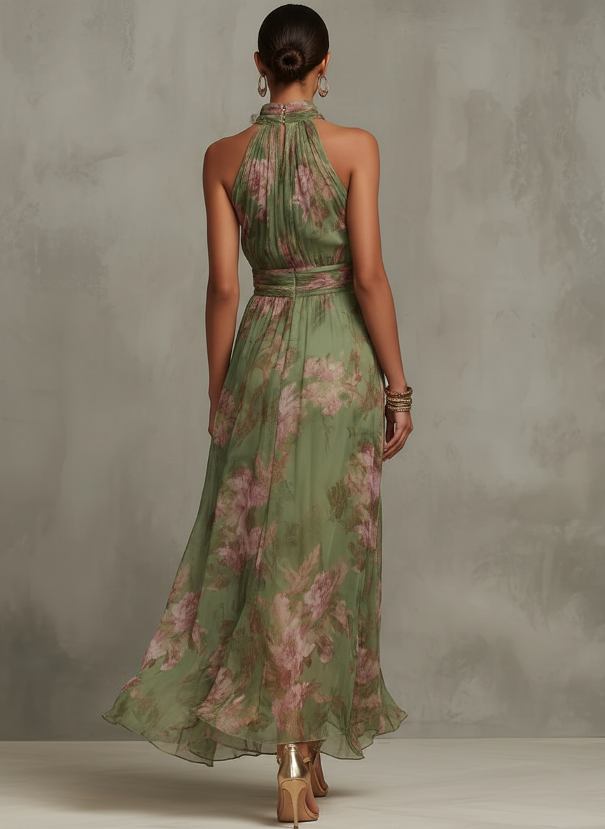 Green Floral Halter Wedding Guest Dress