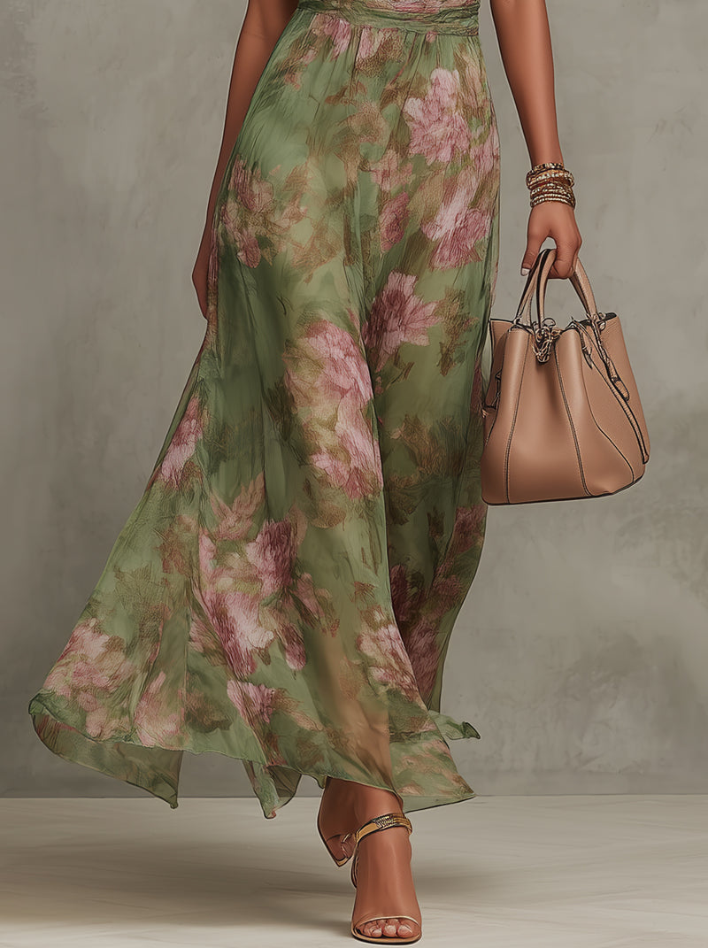 Green Floral Halter Wedding Guest Dress