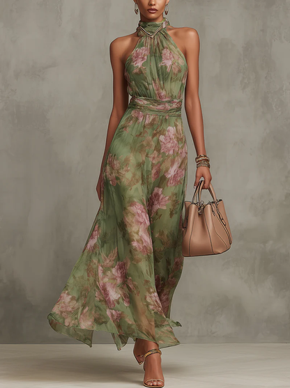 Green Floral Halter Wedding Guest Dress