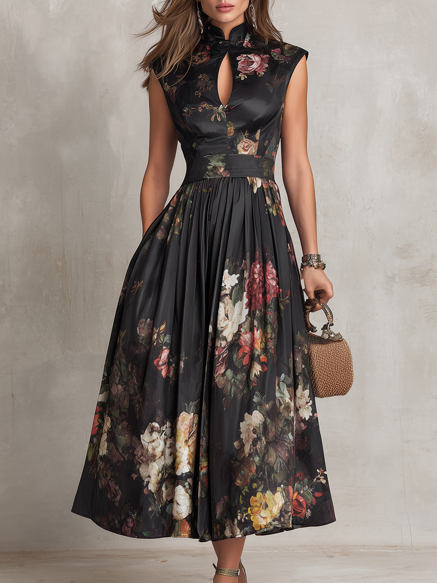 Black Floral Wedding Guest Midi Dress