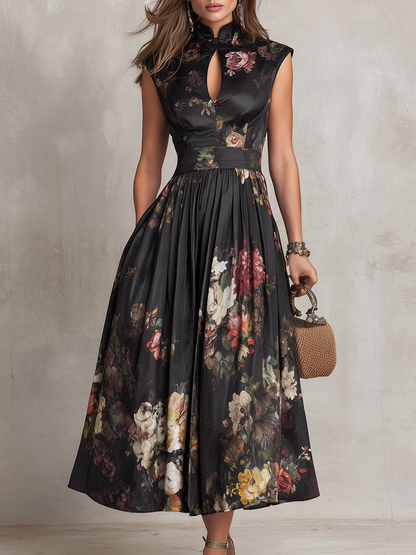 Black Floral Wedding Guest Midi Dress