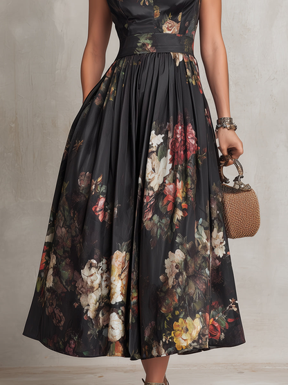 Black Floral Wedding Guest Midi Dress