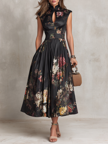 Black Floral Wedding Guest Midi Dress