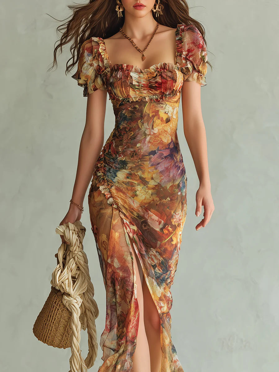 Effortless Floral Chiffon Maxi Dress for Women with Sweetheart Style