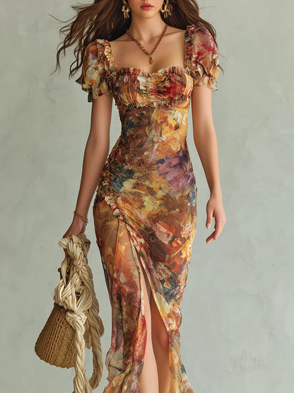 Effortless Floral Chiffon Maxi Dress for Women with Sweetheart Style