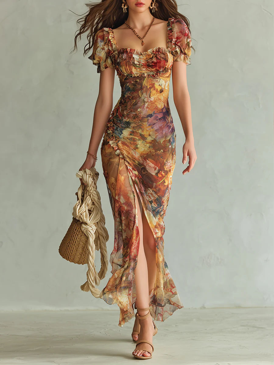 Orange Floral Wedding Guest Maxi Dress