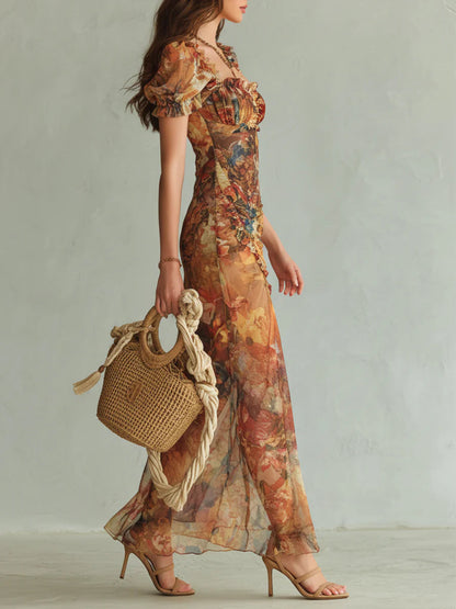 Orange Floral Wedding Guest Maxi Dress