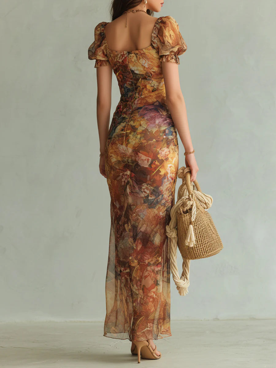 Effortless Floral Chiffon Maxi Dress for Women with Sweetheart Style