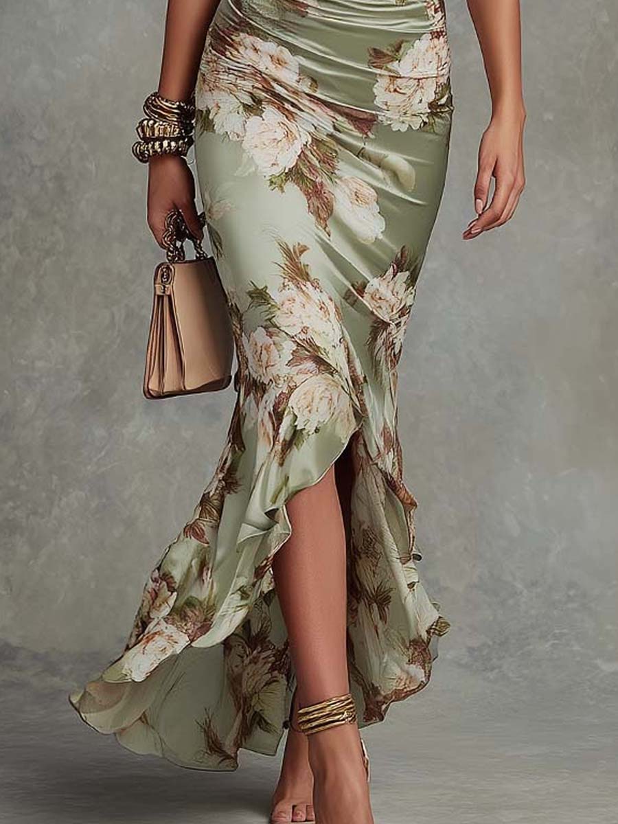 Elegant Green Floral Satin Maxi Dress for Women with V Neck Style