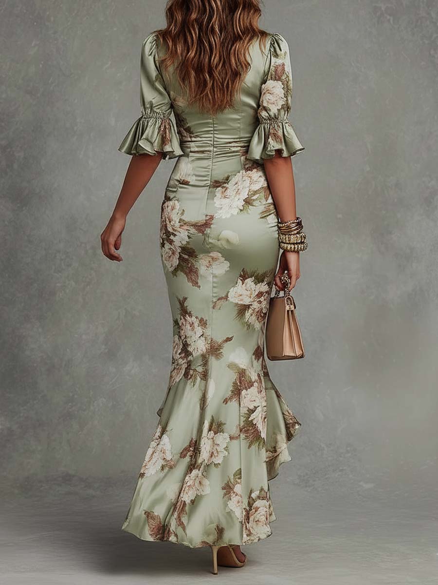 Elegant Green Floral Satin Maxi Dress for Women with V Neck Style