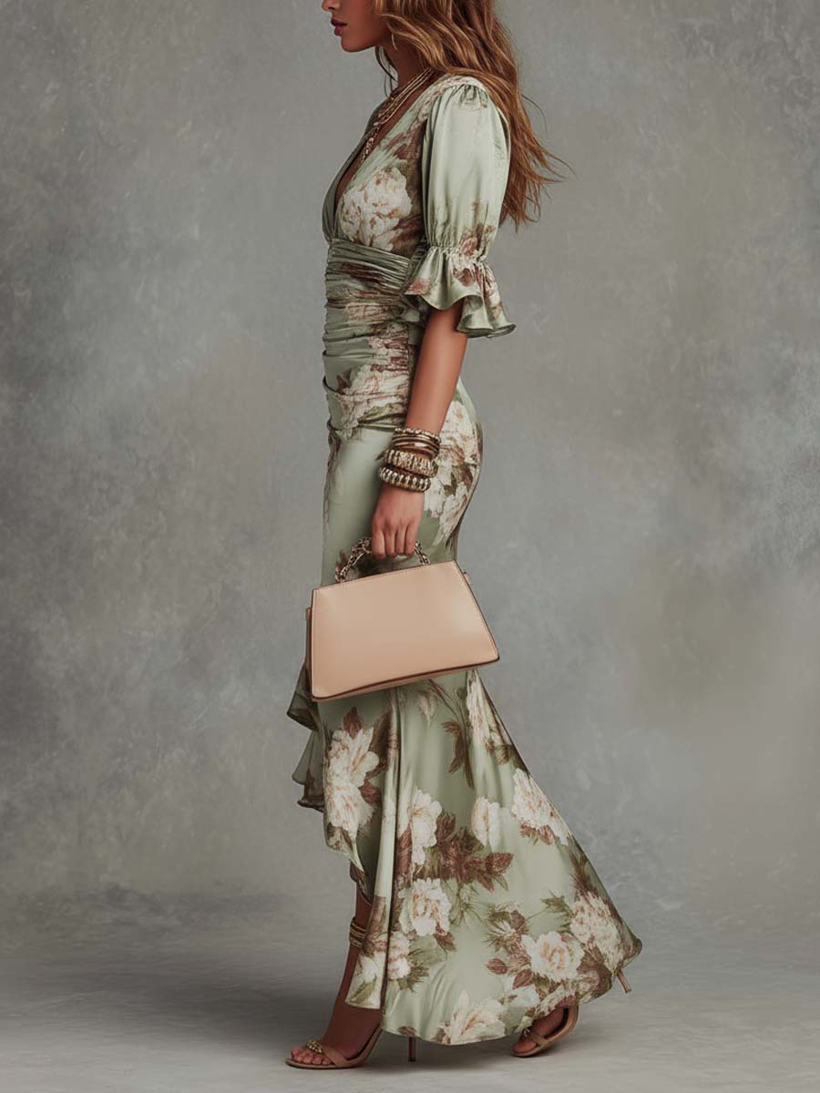 Elegant Green Floral Satin Maxi Dress for Women with V Neck Style