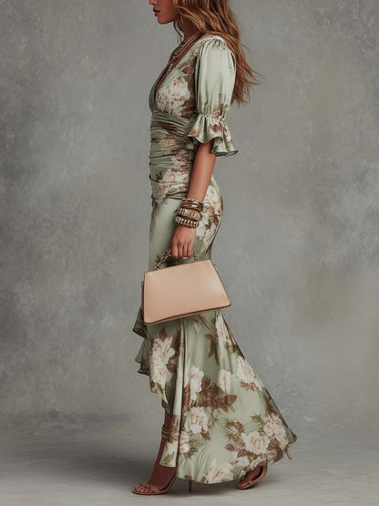 Elegant Green Floral Satin Maxi Dress for Women with V Neck Style