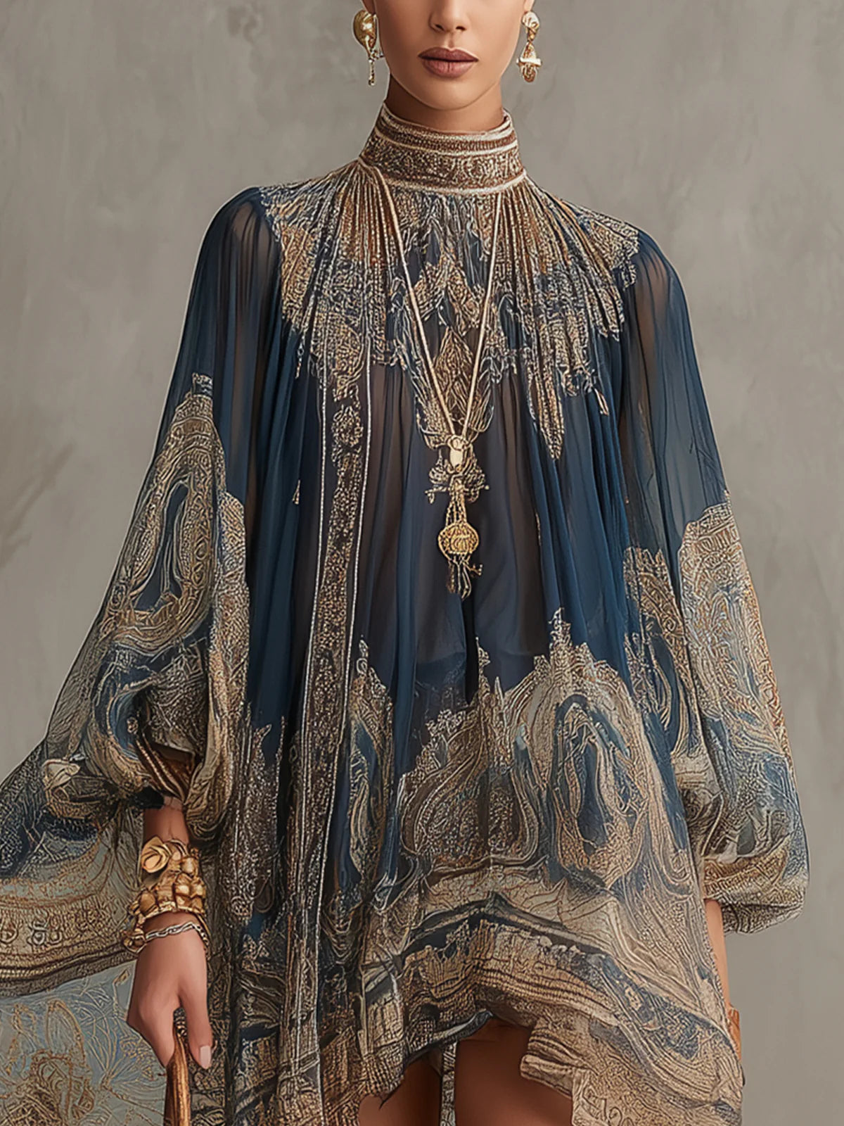 Navy Boho Mini Dress with Sheer Sleeves