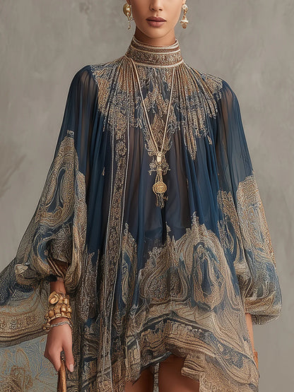 Navy Boho Mini Dress with Sheer Sleeves