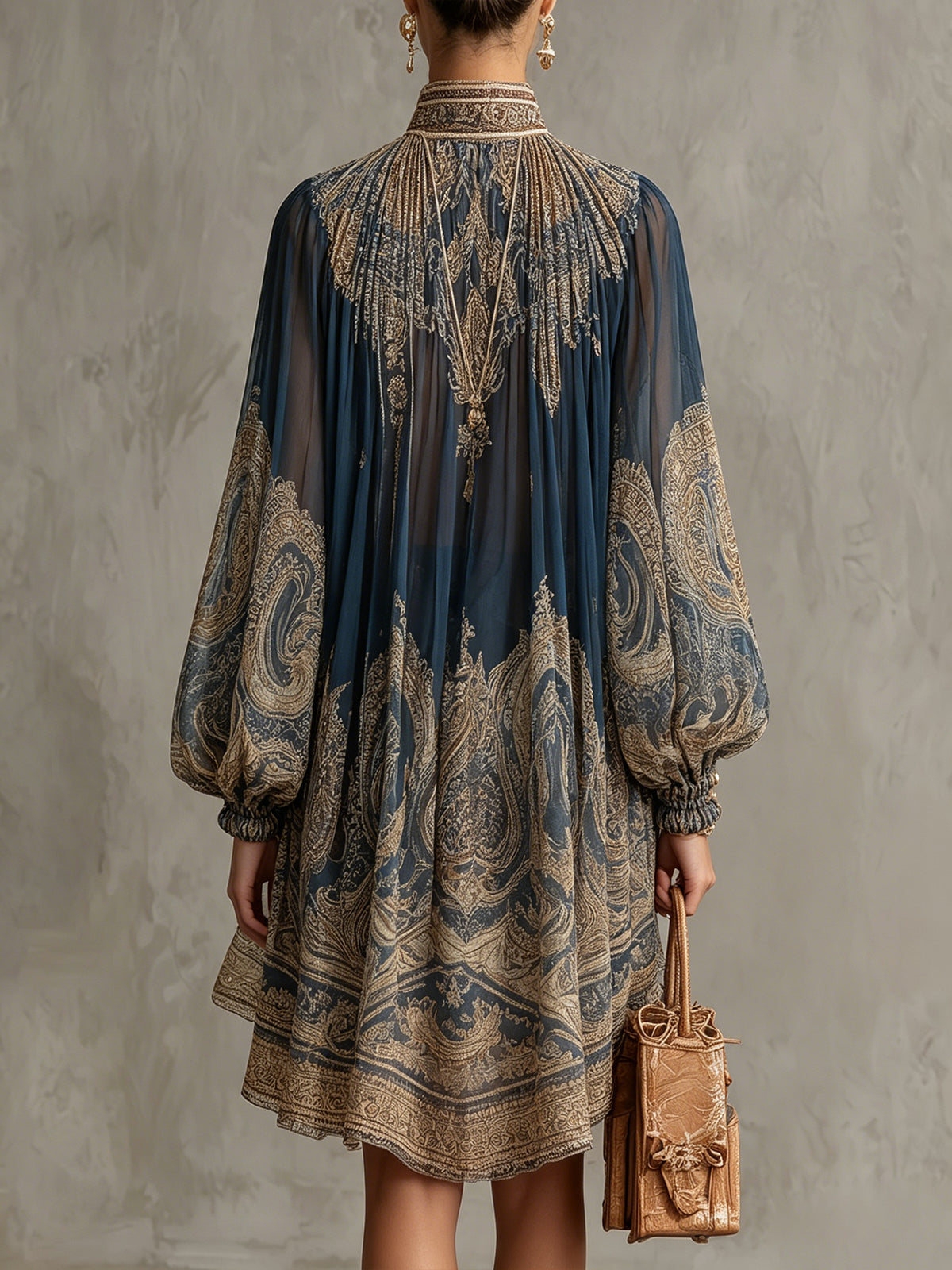Navy Boho Mini Dress with Sheer Sleeves
