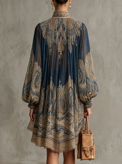 Navy Boho Mini Dress with Sheer Sleeves