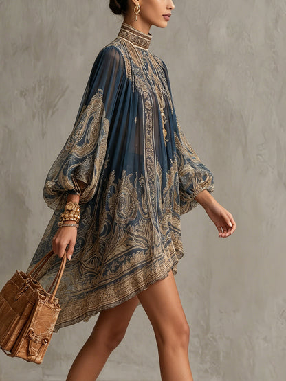 Navy Boho Mini Dress with Sheer Sleeves
