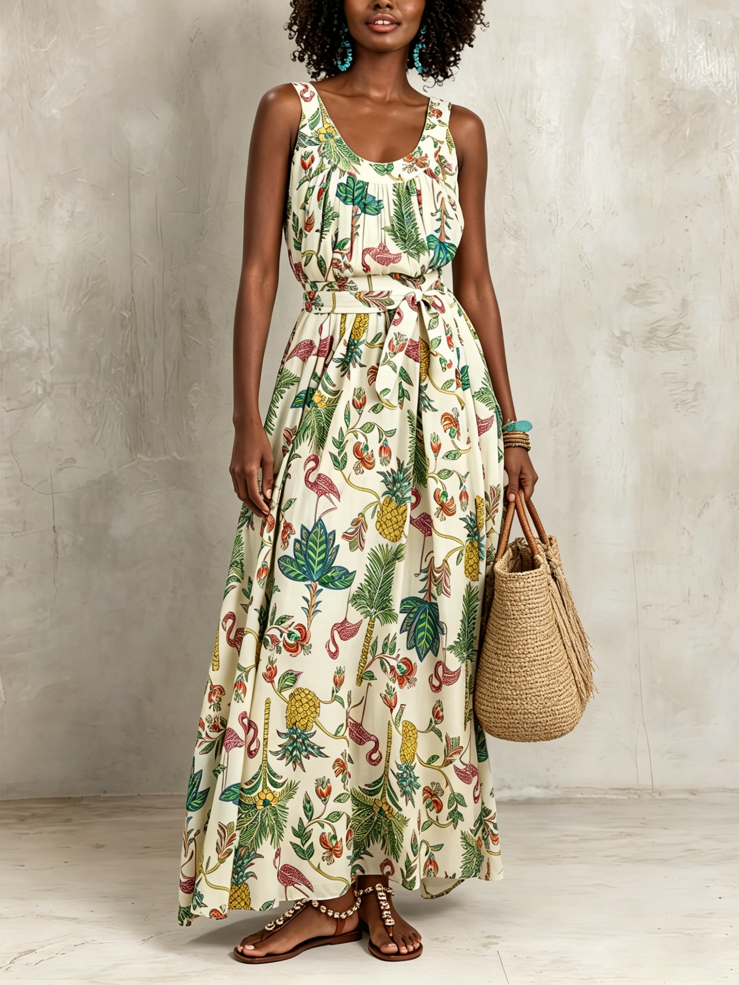 Floral Sleeveless Maxi Dress with Tie Waist