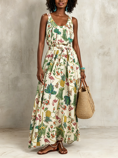 Floral Sleeveless Maxi Dress with Tie Waist