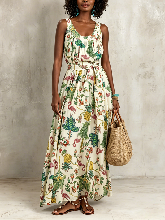 Floral Sleeveless Maxi Dress with Tie Waist