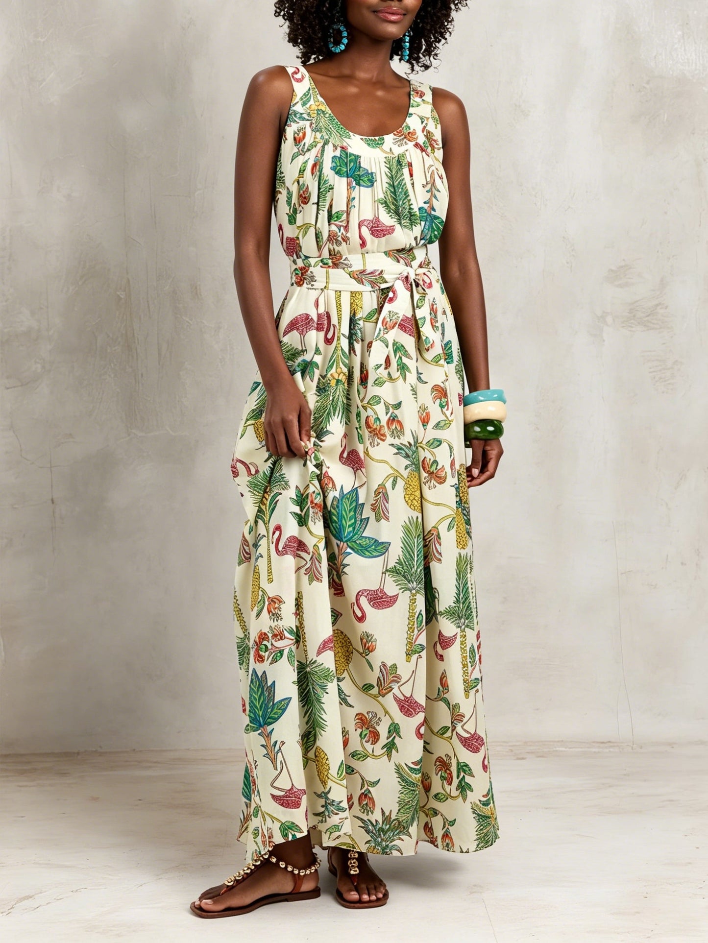 Floral Sleeveless Maxi Dress with Tie Waist