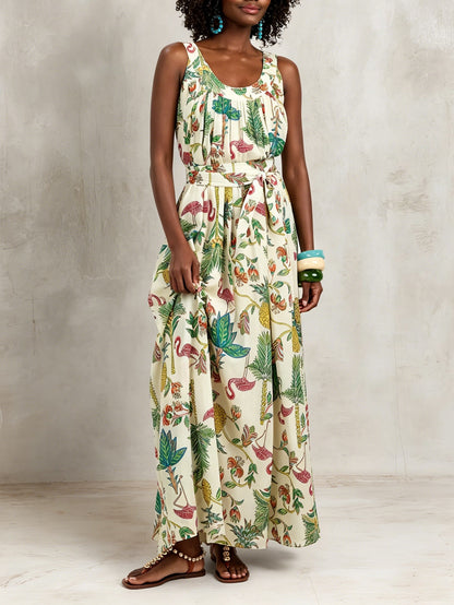 Floral Sleeveless Maxi Dress with Tie Waist