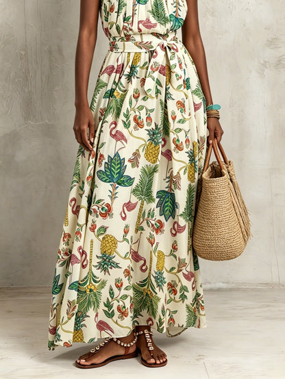 Floral Sleeveless Maxi Dress with Tie Waist