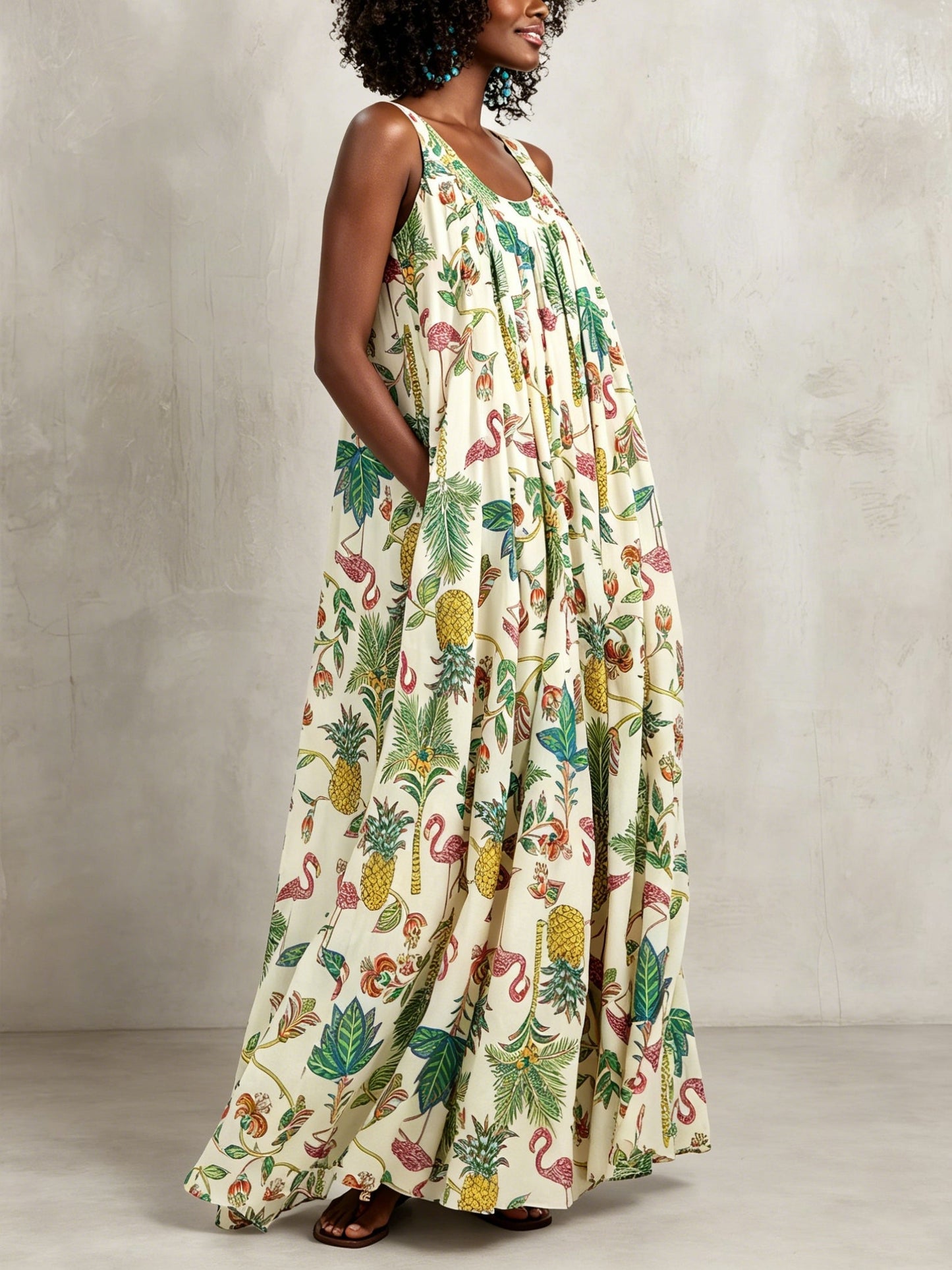 Floral Sleeveless Maxi Dress with Tie Waist