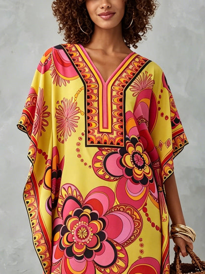 Multicolor Printed Kaftan Mini Dress