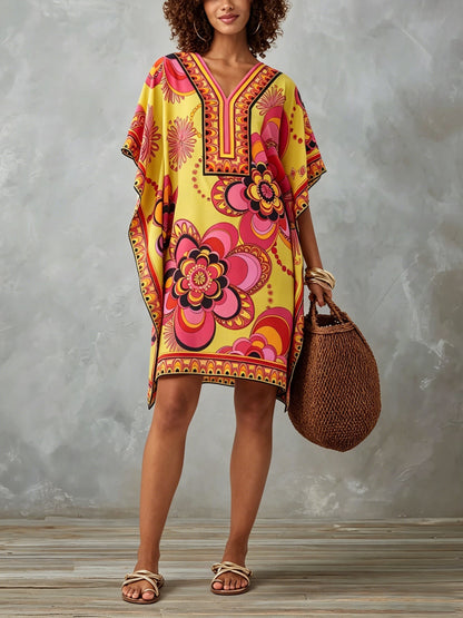 Multicolor Printed Kaftan Mini Dress