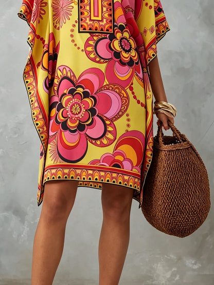 Multicolor Printed Kaftan Mini Dress
