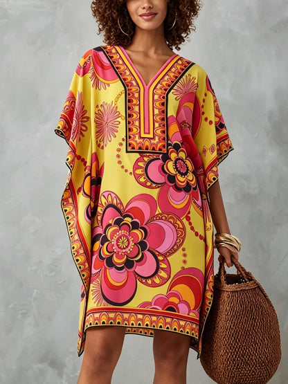 Multicolor Printed Kaftan Mini Dress